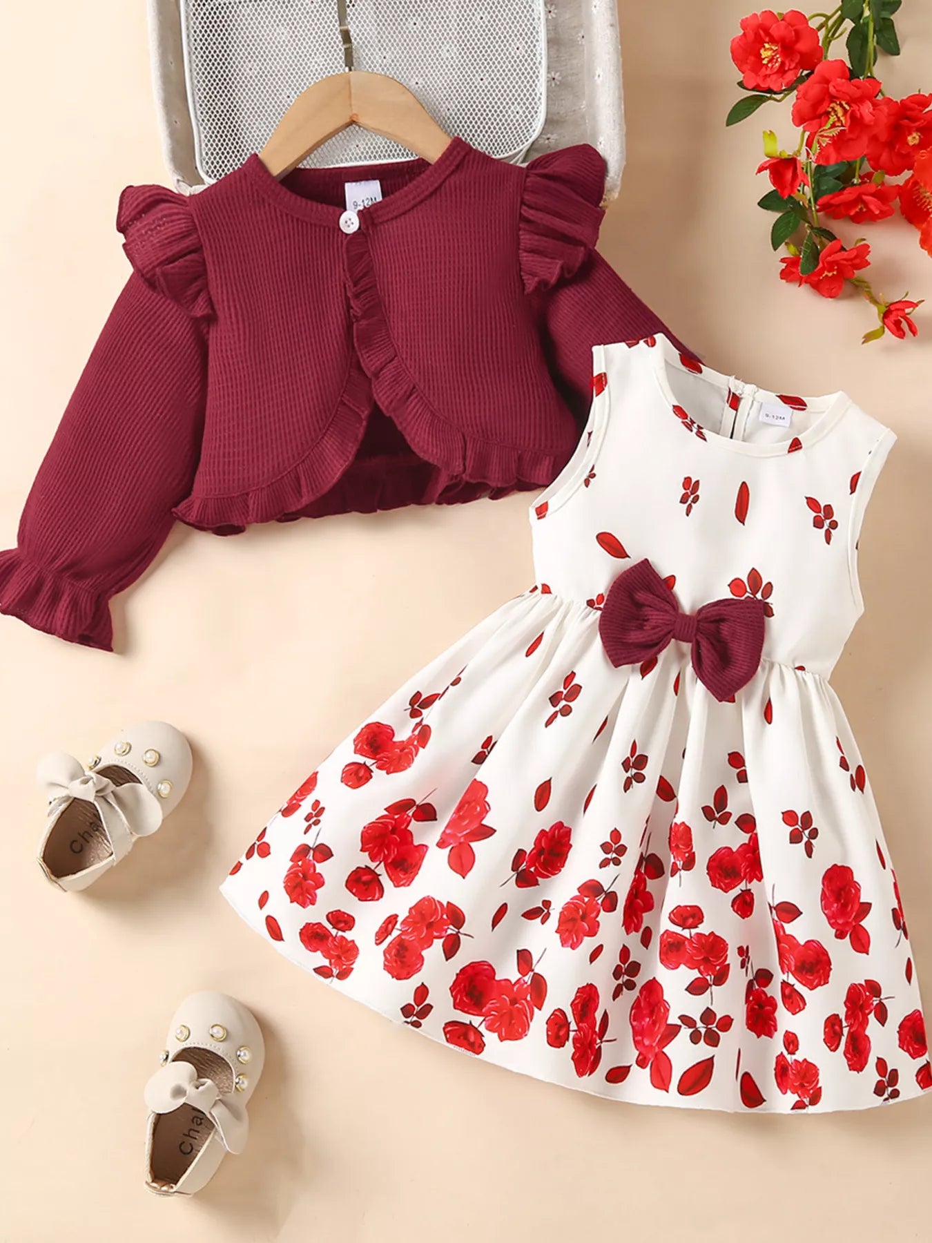 Children's Bow Dress & Ruffle Trim Cardigan Set - PBNJ FASHIONS