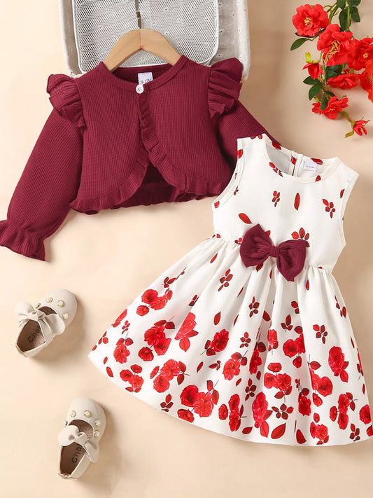 Children's Bow Dress & Ruffle Trim Cardigan Set - PBNJ FASHIONS