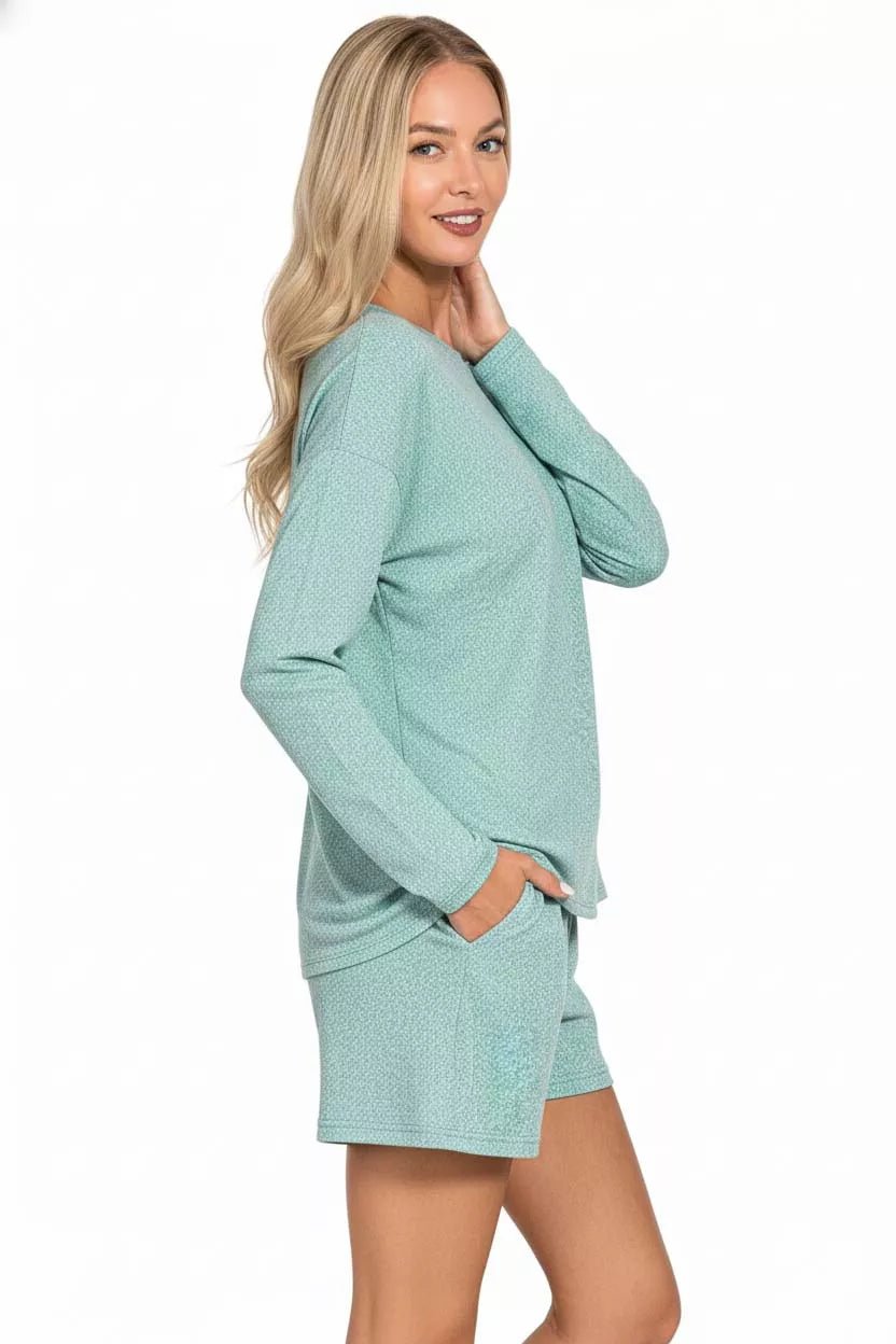 Zenana Soft Melange Long Sleeve Tee and Shorts Set - PBNJ FASHIONS