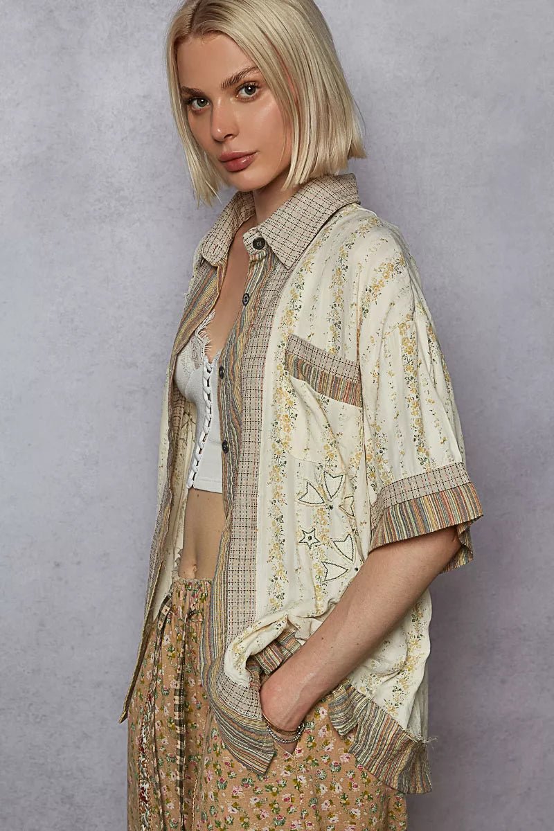 POL Printed Button Down Patchwork Short Sleeve Shirt - PBNJ FASHIONS
