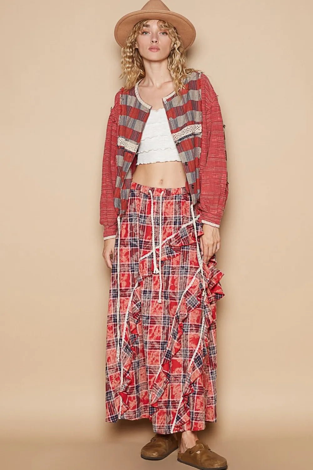 POL Round Neck Long Sleeve Plaid Shirt - PBNJ FASHIONS