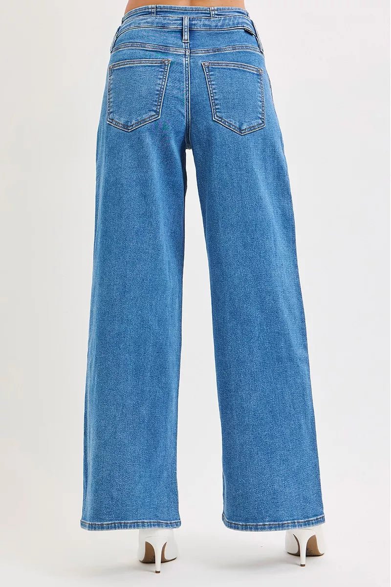 RISEN Full Size Mid Rise Fit Wide Leg with Pleated Detail Jeans Plus Size - PBNJ FASHIONS