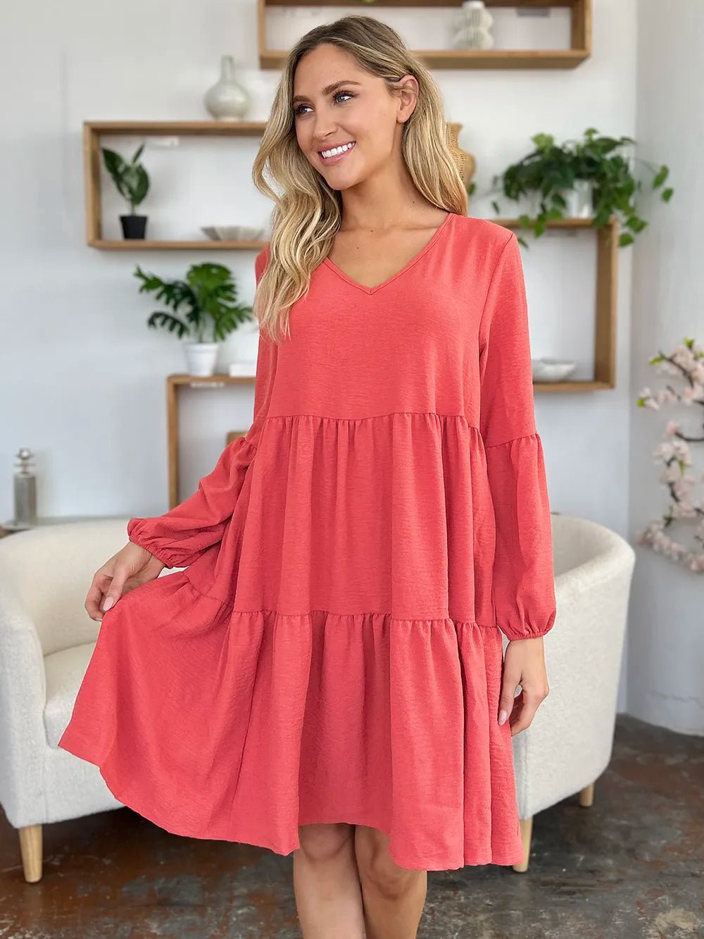 Elegant Double Take V-Neck Balloon Sleeve Dress with Pockets - Chic design for day & night - Coral-S- - PBNJ FASHIONS