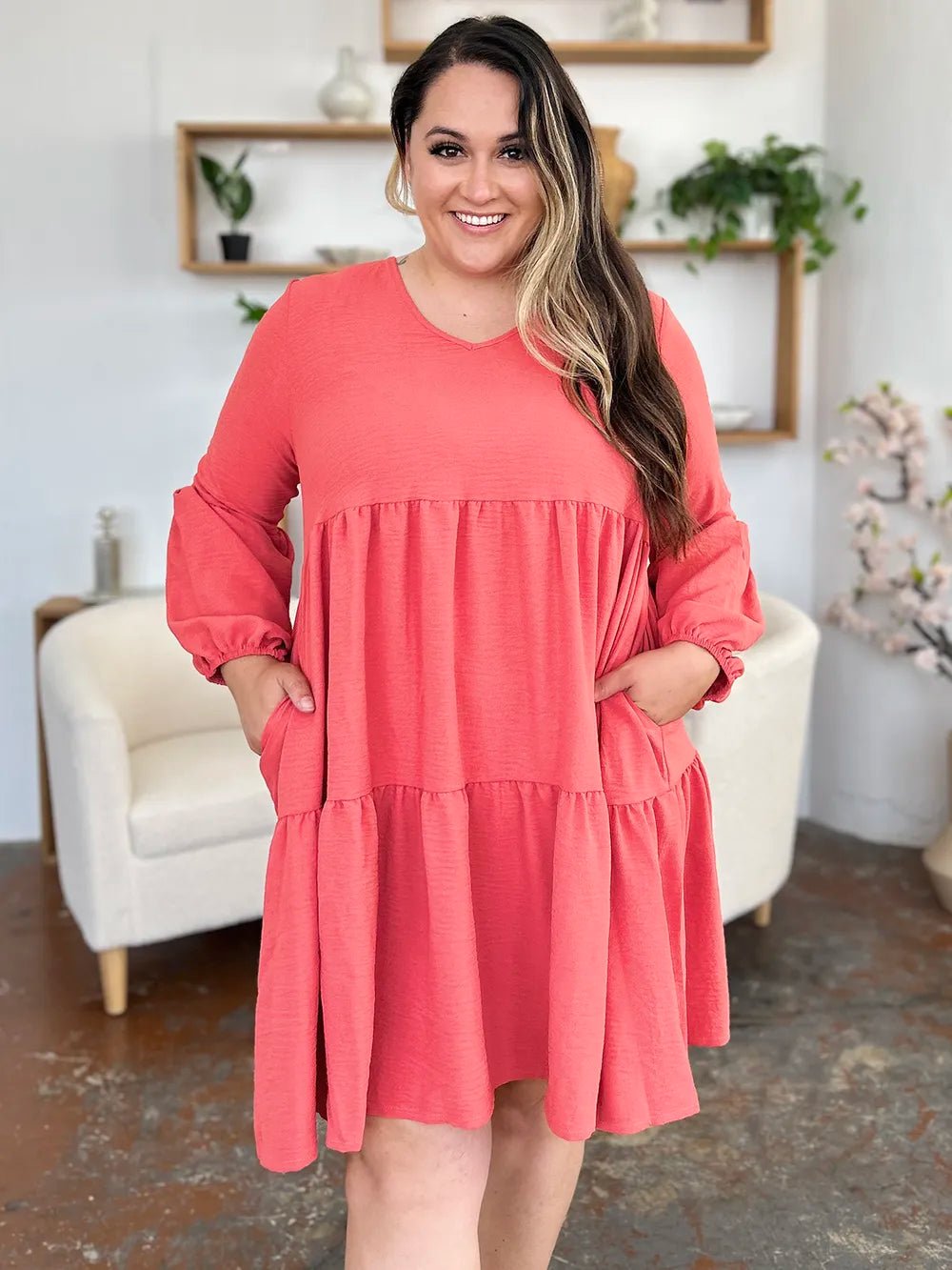 Elegant Double Take V-Neck Balloon Sleeve Dress with Pockets - Chic design for day & night - Coral-S- - PBNJ FASHIONS