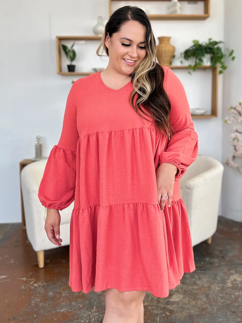 Elegant Double Take V-Neck Balloon Sleeve Dress with Pockets - Chic design for day & night - Coral-S- - PBNJ FASHIONS