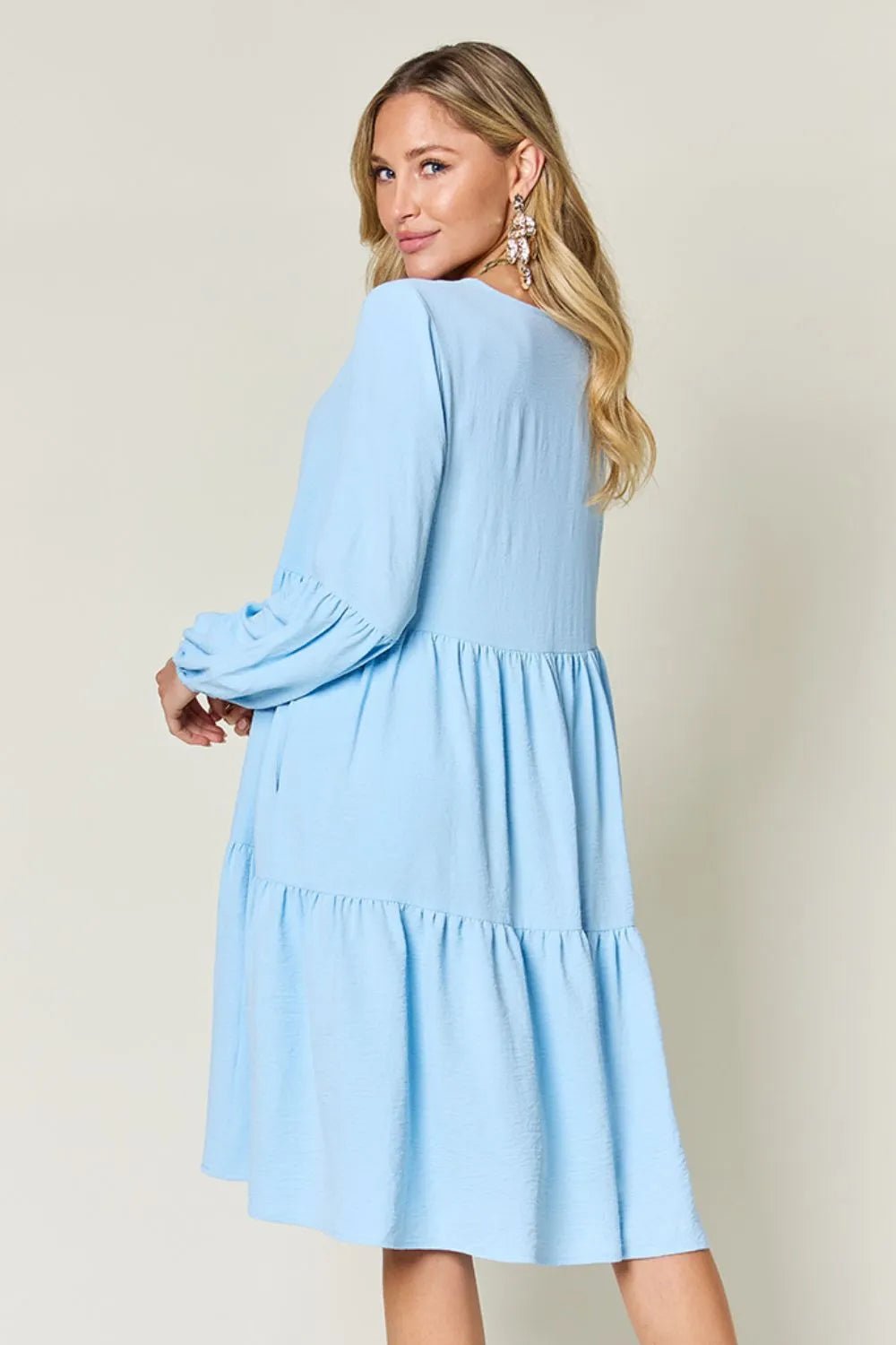 Elegant Double Take V-Neck Balloon Sleeve Dress with Pockets - Chic design for day & night - Light Blue-S- - PBNJ FASHIONS