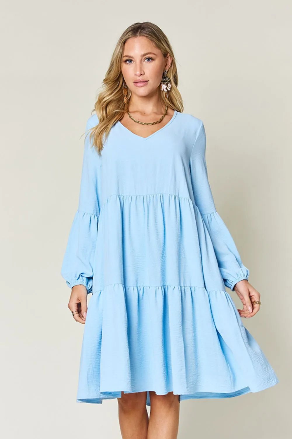 Elegant Double Take V-Neck Balloon Sleeve Dress with Pockets - Chic design for day & night - Light Blue-S- - PBNJ FASHIONS