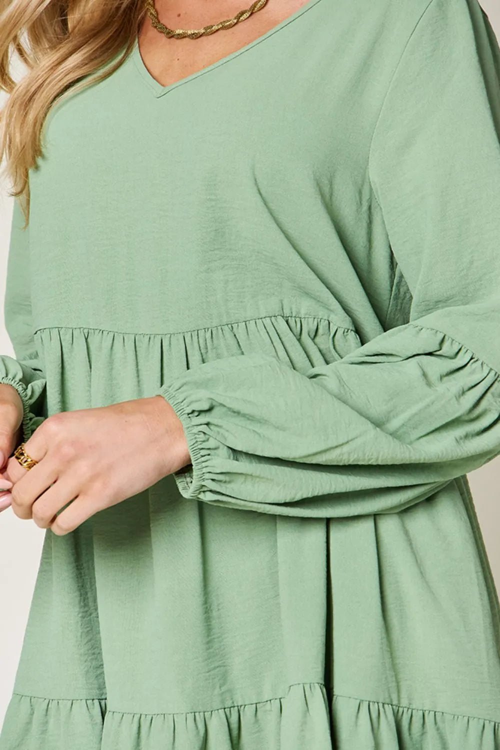 Elegant Double Take V-Neck Balloon Sleeve Dress with Pockets - Chic design for day & night - Light Green-S- - PBNJ FASHIONS