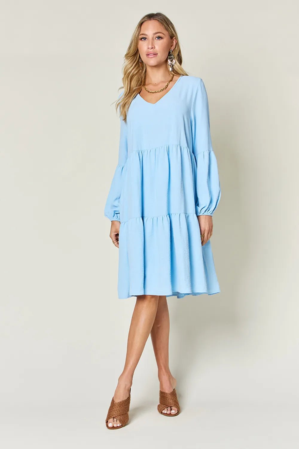 Elegant Double Take V-Neck Balloon Sleeve Dress with Pockets - Chic design for day & night - Light Blue-S- - PBNJ FASHIONS