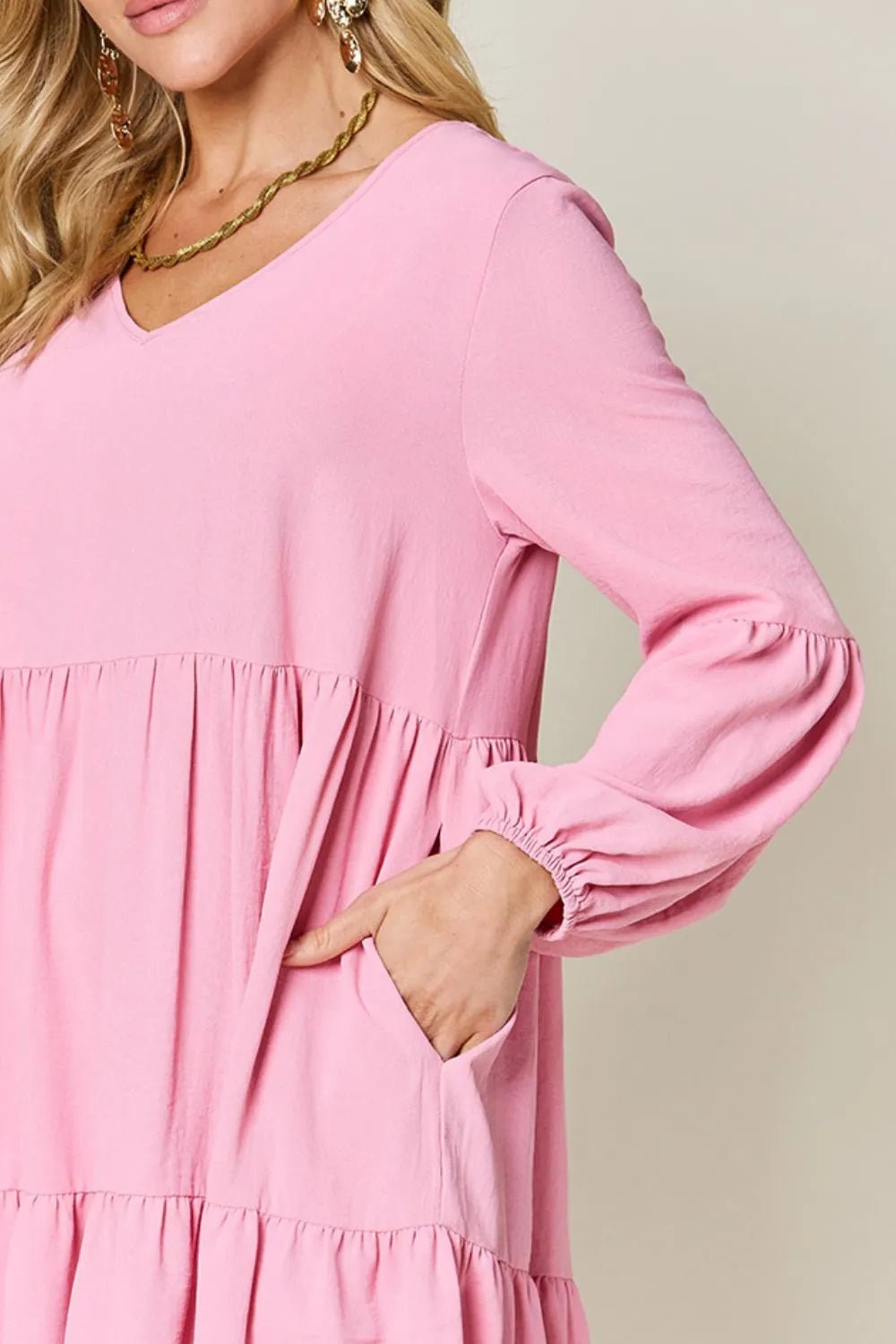 Elegant Double Take V-Neck Balloon Sleeve Dress with Pockets - Chic design for day & night - Pink-S- - PBNJ FASHIONS