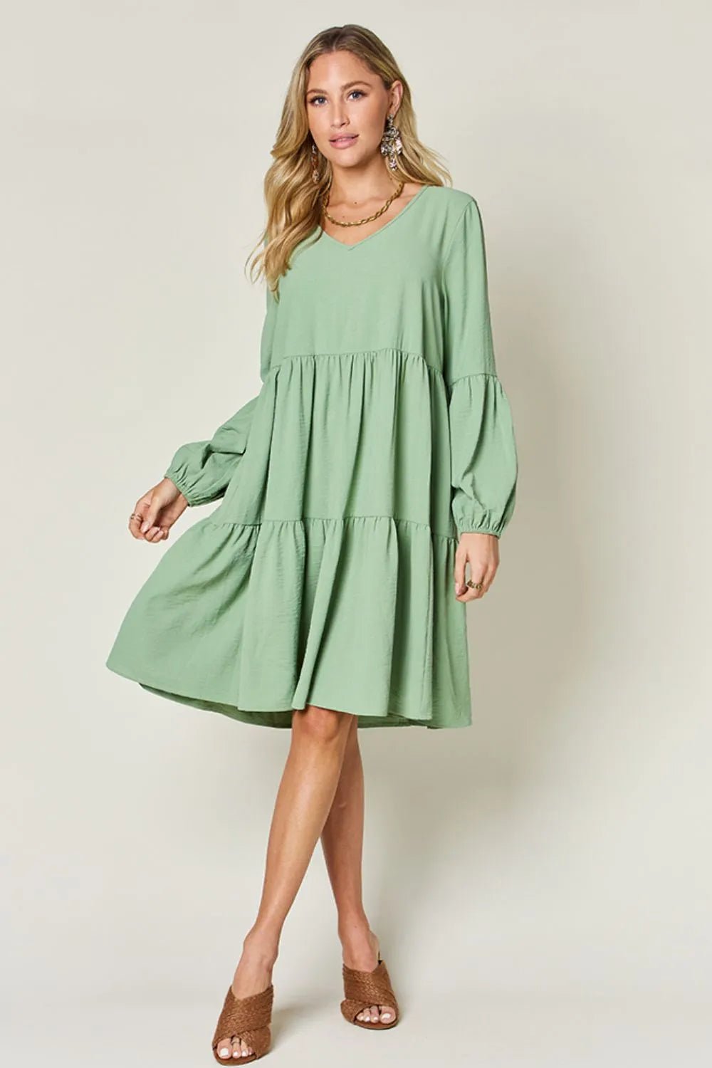 Elegant Double Take V-Neck Balloon Sleeve Dress with Pockets - Chic design for day & night - Light Green-S- - PBNJ FASHIONS