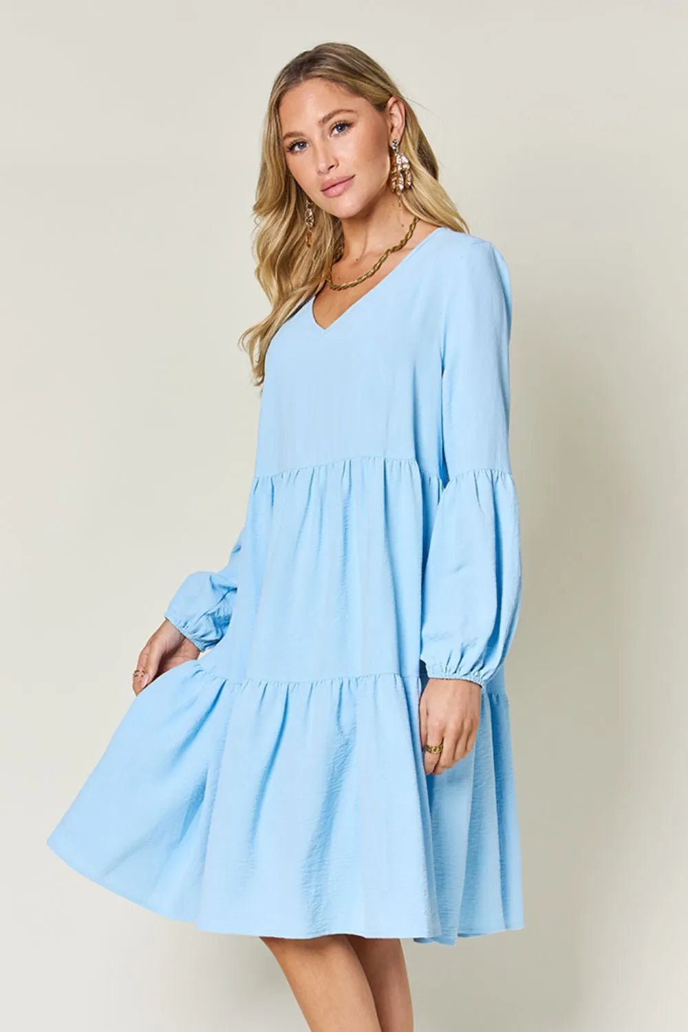 Elegant Double Take V-Neck Balloon Sleeve Dress with Pockets - Chic design for day & night - Light Blue-S- - PBNJ FASHIONS