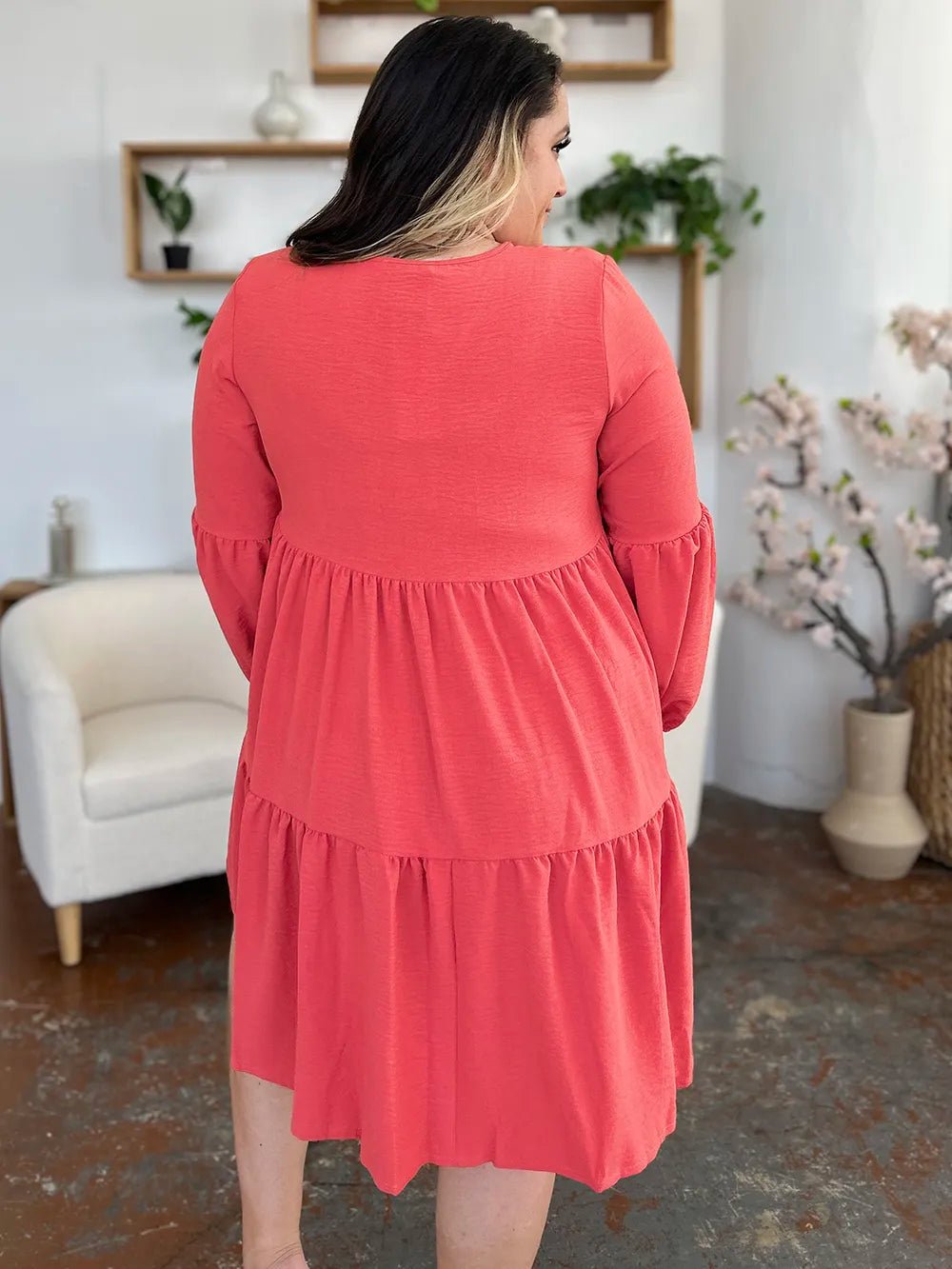 Elegant Double Take V-Neck Balloon Sleeve Dress with Pockets - Chic design for day & night - Coral-S- - PBNJ FASHIONS