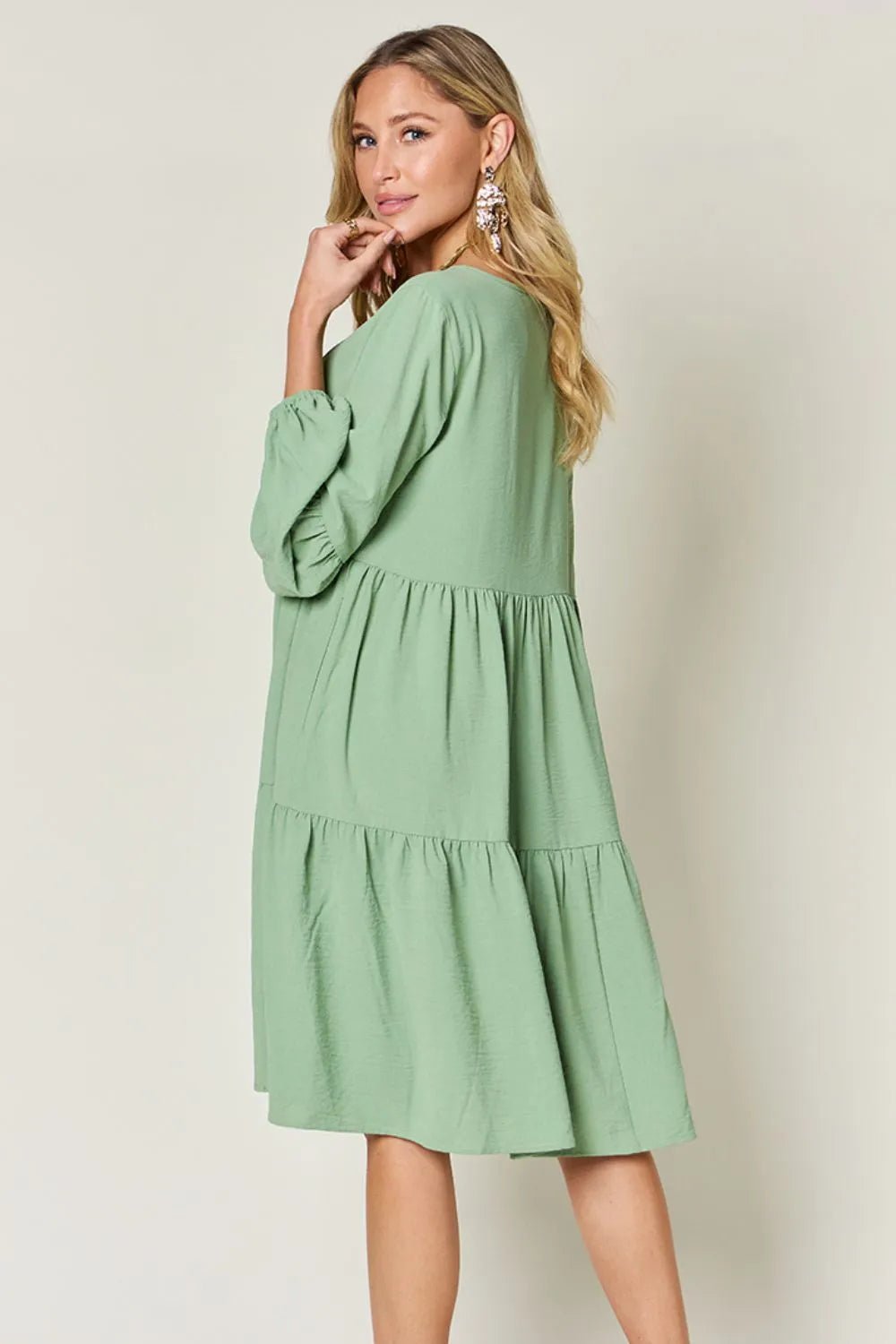 Elegant Double Take V-Neck Balloon Sleeve Dress with Pockets - Chic design for day & night - Light Green-S- - PBNJ FASHIONS