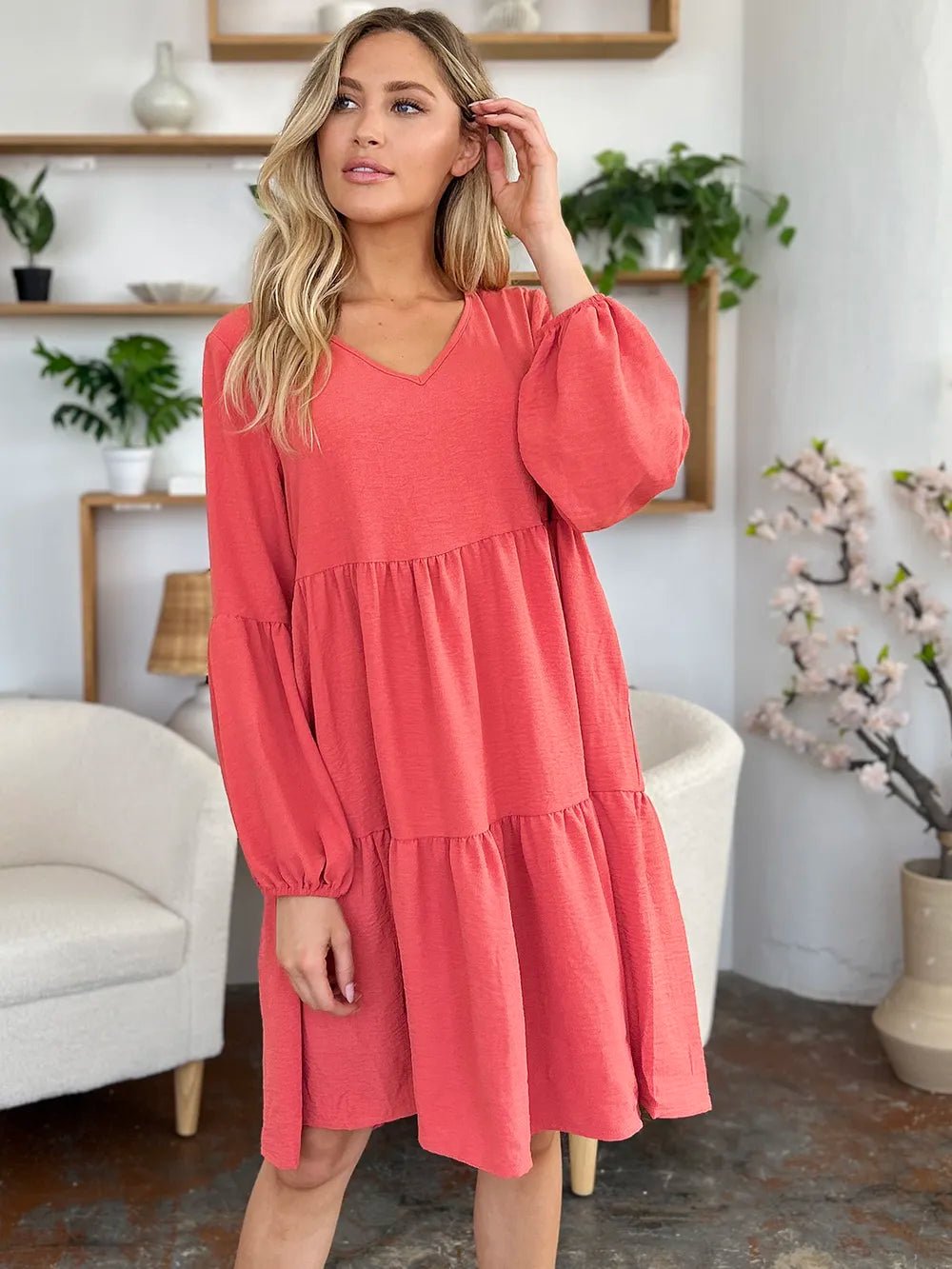 Elegant Double Take V-Neck Balloon Sleeve Dress with Pockets - Chic design for day & night - Coral-S- - PBNJ FASHIONS