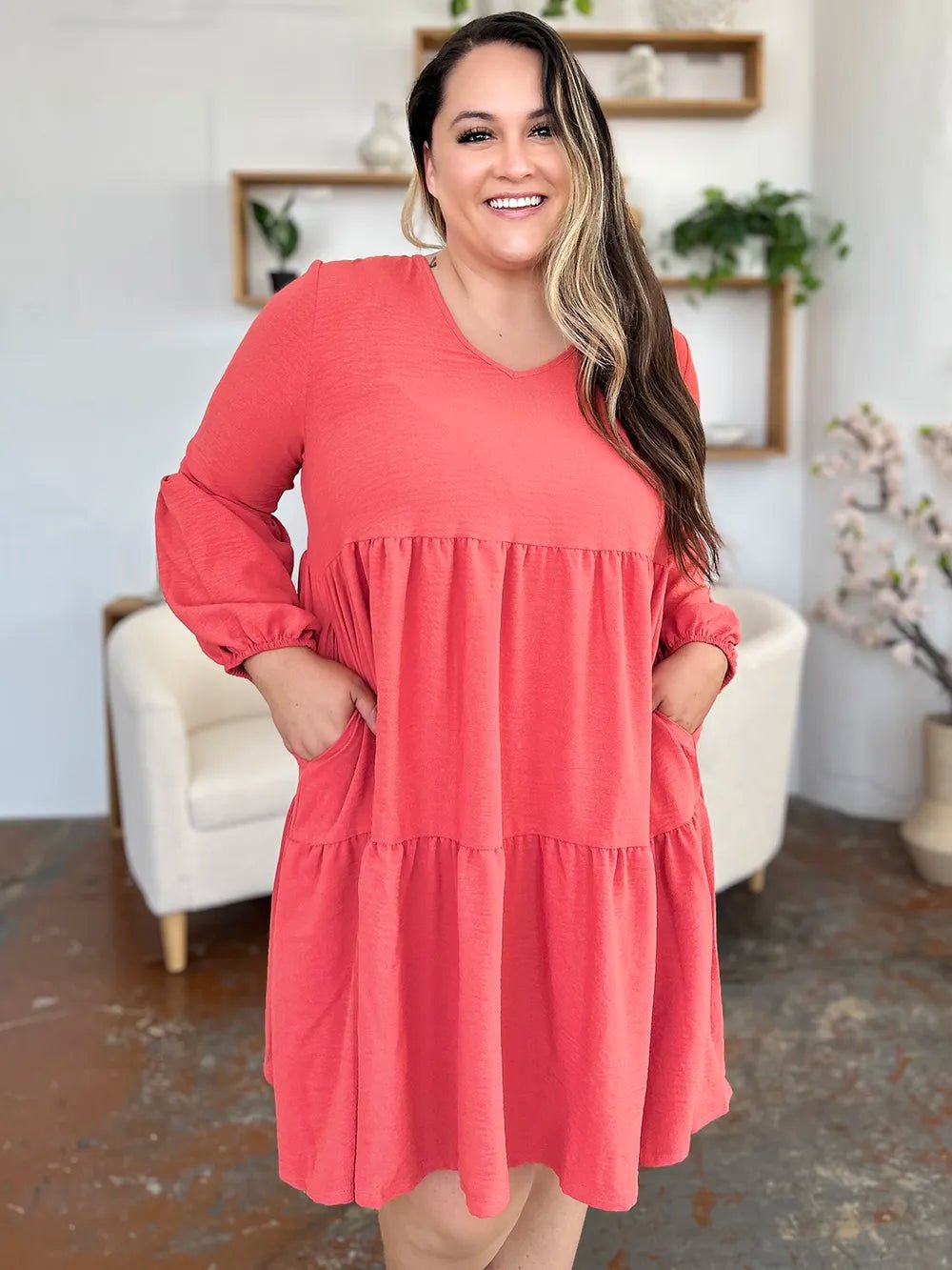 Elegant Double Take V-Neck Balloon Sleeve Dress with Pockets - Chic design for day & night - Coral-S- - PBNJ FASHIONS