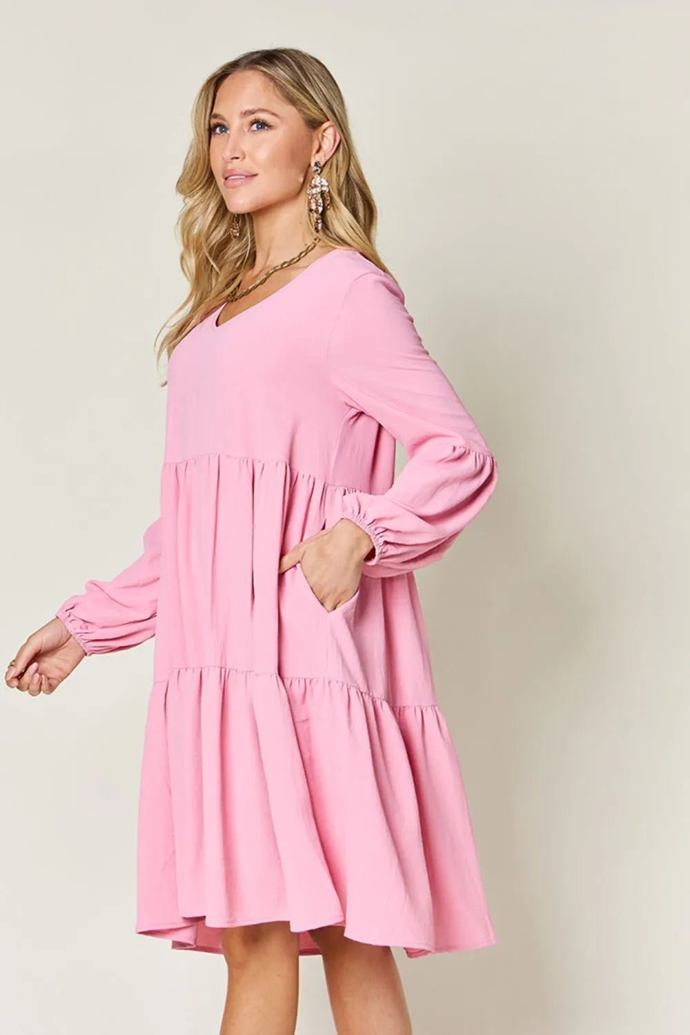 Elegant Double Take V-Neck Balloon Sleeve Dress with Pockets - Chic design for day & night - Pink-S- - PBNJ FASHIONS