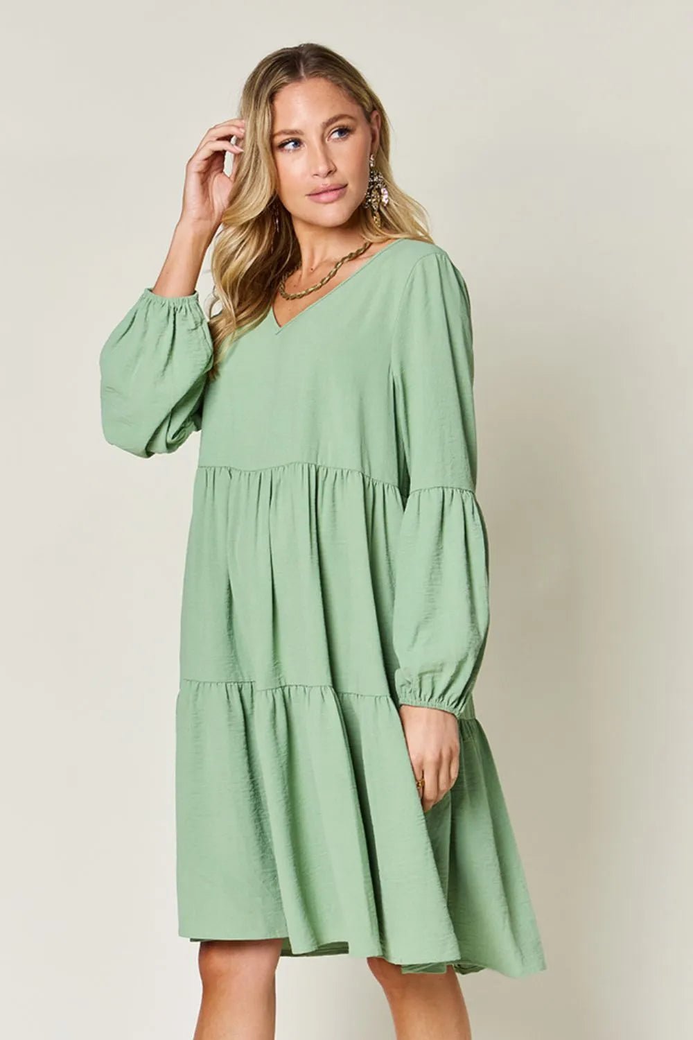 Elegant Double Take V-Neck Balloon Sleeve Dress with Pockets - Chic design for day & night - Light Green-S- - PBNJ FASHIONS