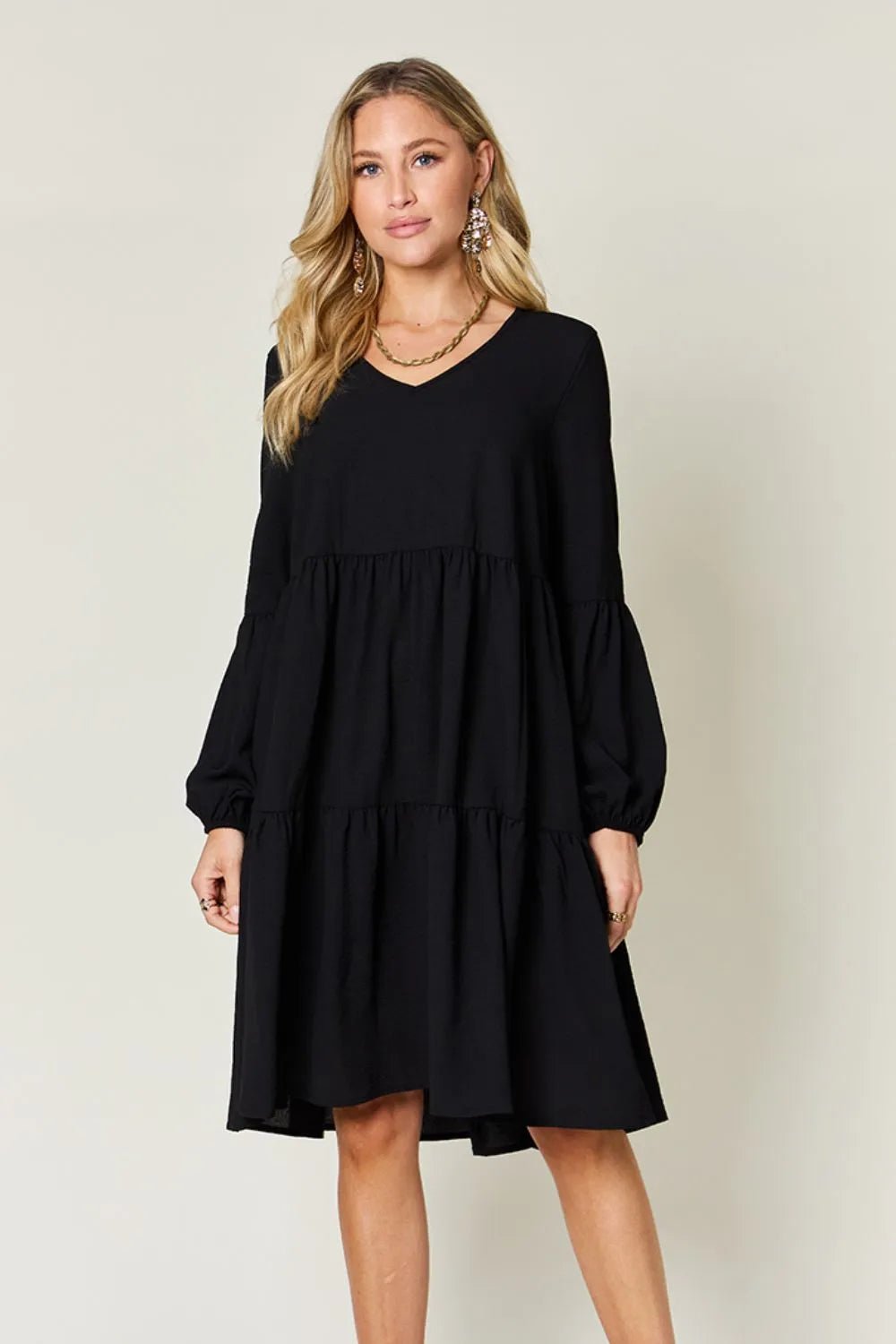 Elegant Double Take V-Neck Balloon Sleeve Dress with Pockets - Chic design for day & night - Black-S- - PBNJ FASHIONS