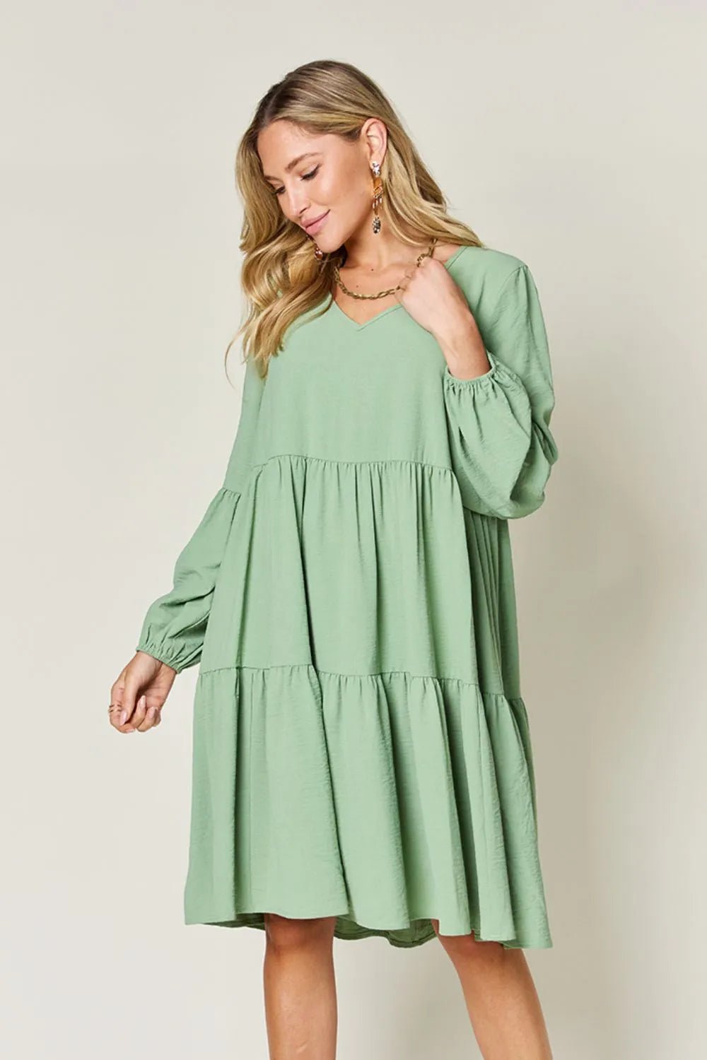 Elegant Double Take V-Neck Balloon Sleeve Dress with Pockets - Chic design for day & night - Light Green-S- - PBNJ FASHIONS