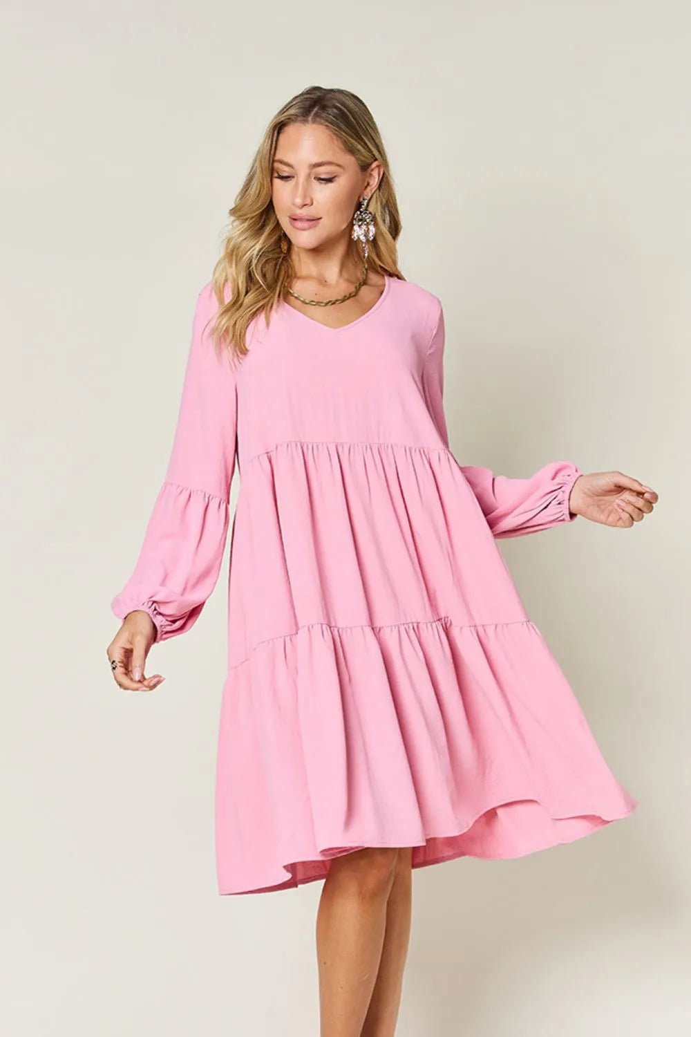 Elegant Double Take V-Neck Balloon Sleeve Dress with Pockets - Chic design for day & night - Pink-S- - PBNJ FASHIONS
