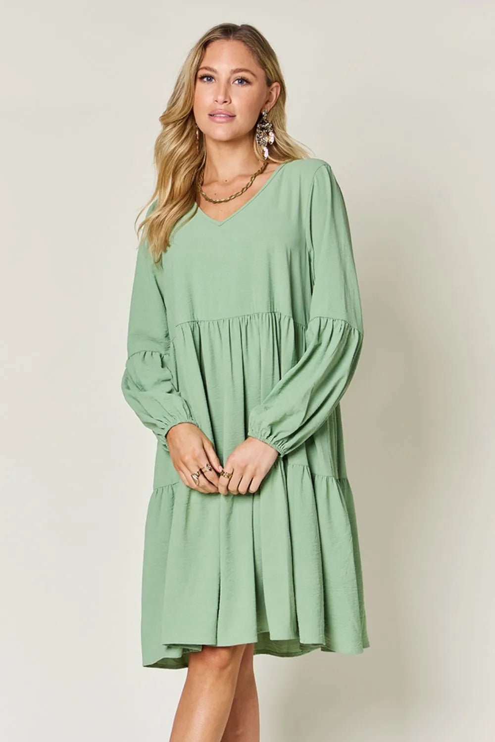 Elegant Double Take V-Neck Balloon Sleeve Dress with Pockets - Chic design for day & night - Light Green-S- - PBNJ FASHIONS