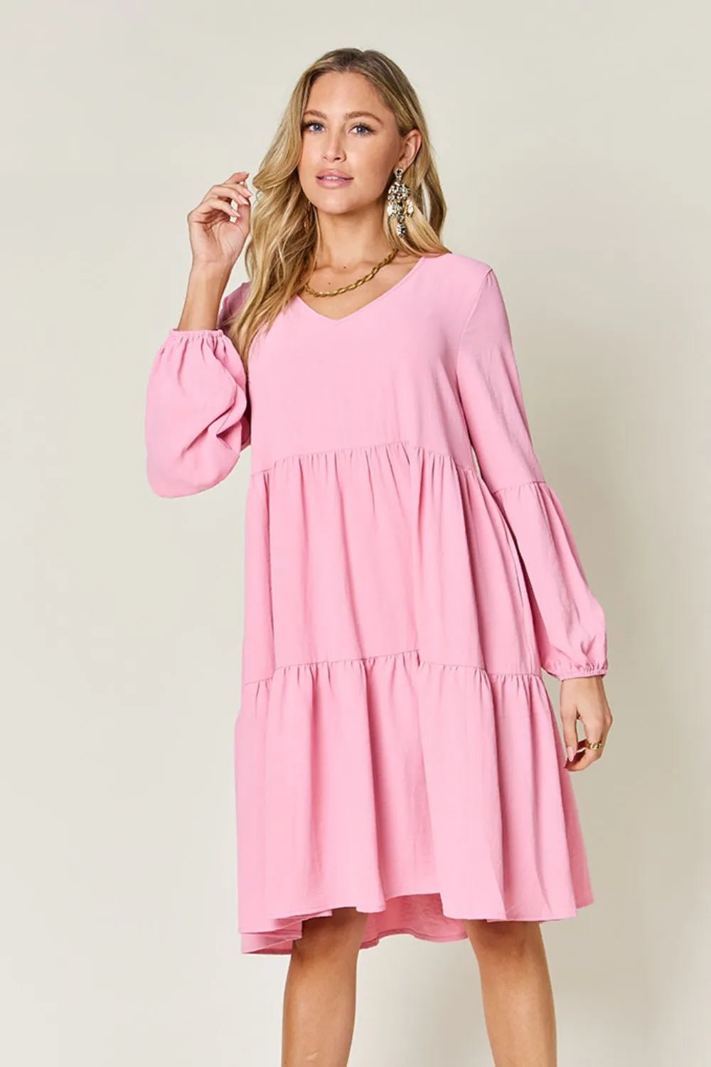 Elegant Double Take V-Neck Balloon Sleeve Dress with Pockets - Chic design for day & night - Pink-S- - PBNJ FASHIONS