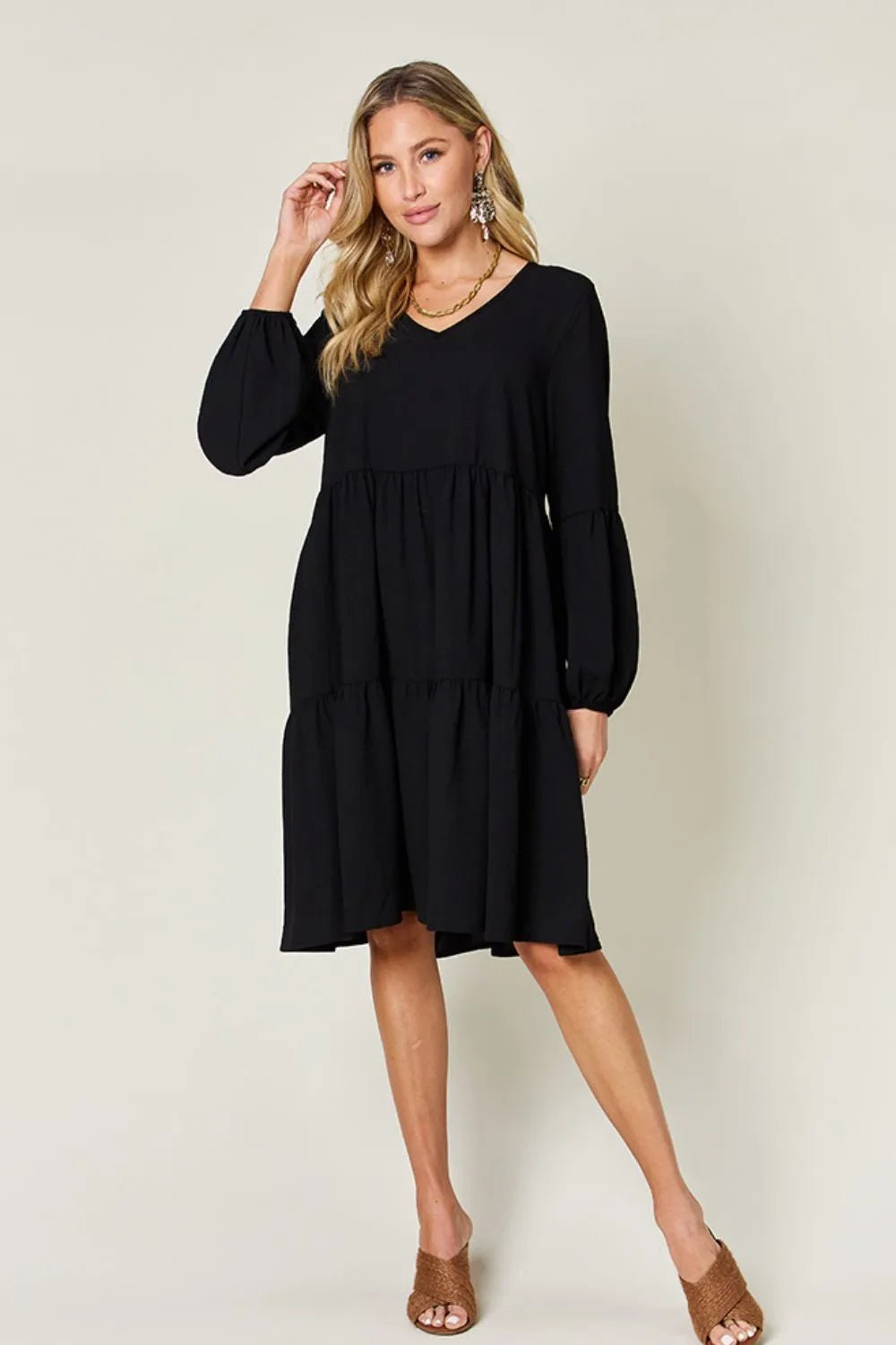 Elegant Double Take V-Neck Balloon Sleeve Dress with Pockets - Chic design for day & night - Black-S- - PBNJ FASHIONS