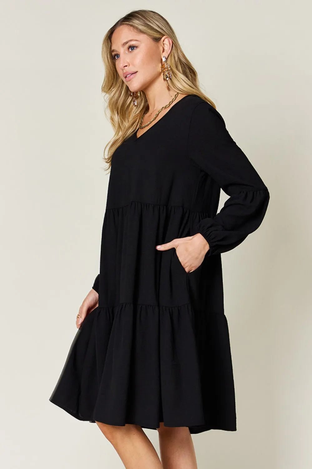Elegant Double Take V-Neck Balloon Sleeve Dress with Pockets - Chic design for day & night - Black-S- - PBNJ FASHIONS