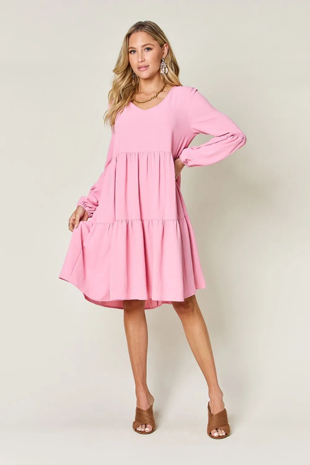 Elegant Double Take V-Neck Balloon Sleeve Dress with Pockets - Chic design for day & night - Pink-S- - PBNJ FASHIONS