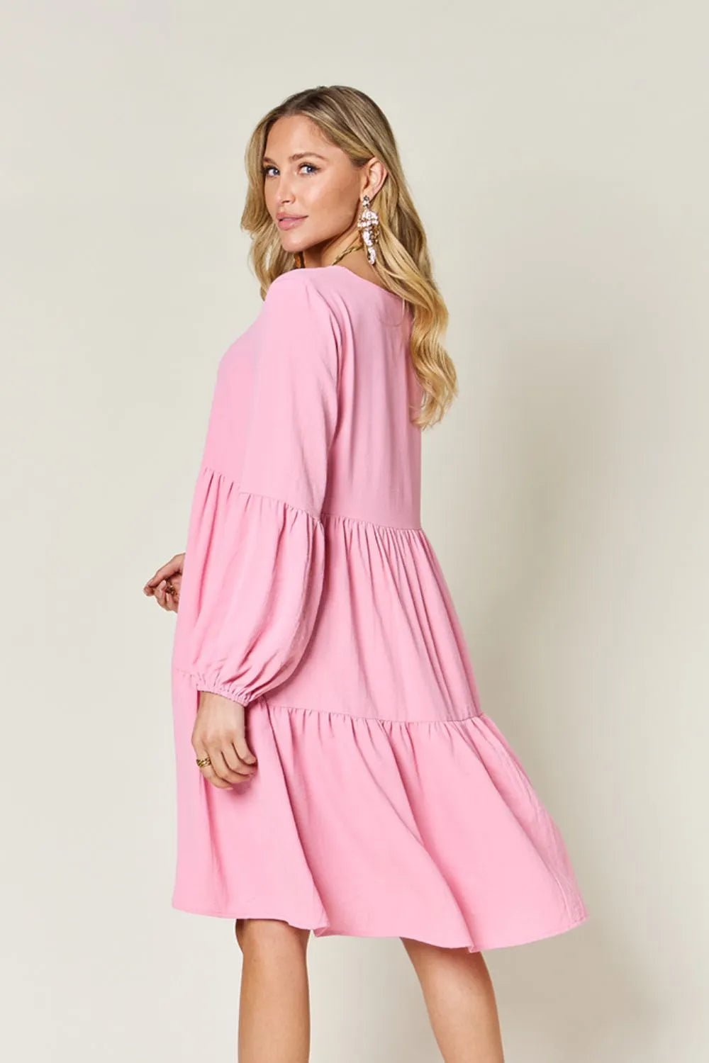 Elegant Double Take V-Neck Balloon Sleeve Dress with Pockets - Chic design for day & night - Pink-S- - PBNJ FASHIONS