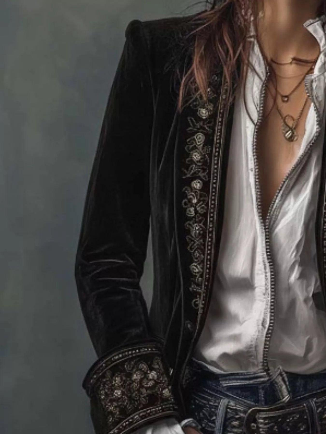 Embroidered Velvet Long Sleeve Outerwear - PBNJ FASHIONS