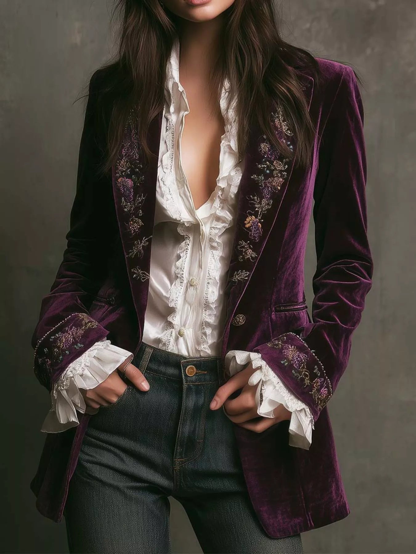 Embroidered Velvet Long Sleeve Outerwear - PBNJ FASHIONS
