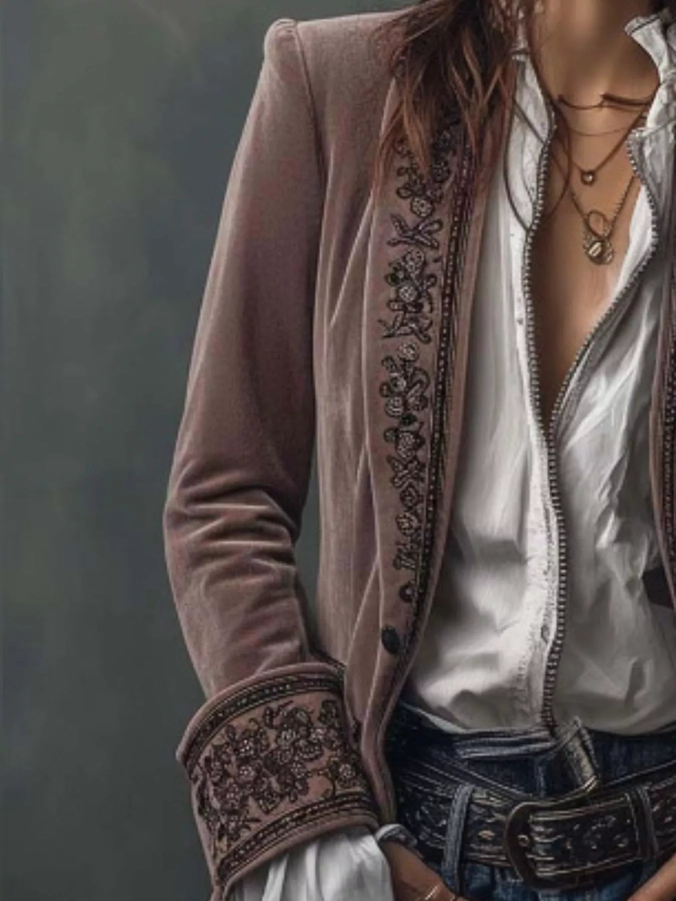Embroidered Velvet Long Sleeve Outerwear - PBNJ FASHIONS