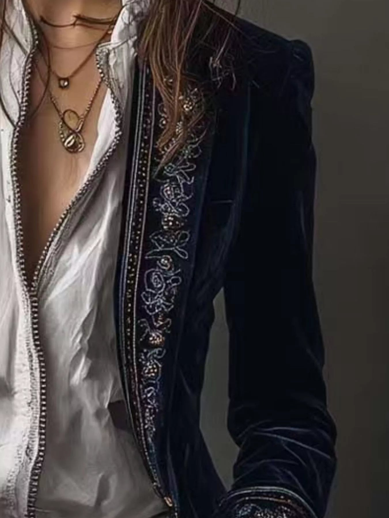 Embroidered Velvet Long Sleeve Outerwear - PBNJ FASHIONS