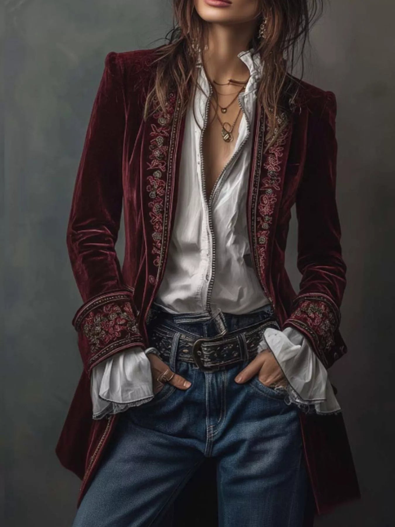 Embroidered Velvet Long Sleeve Outerwear - PBNJ FASHIONS