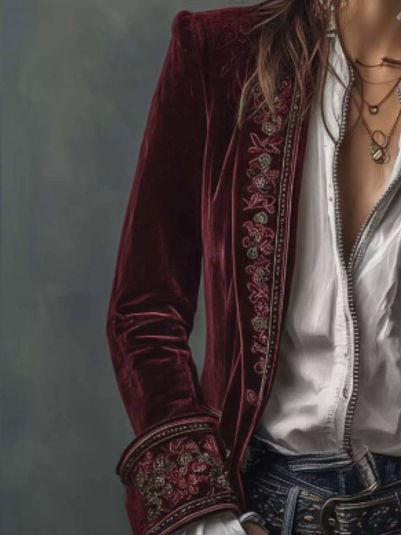Embroidered Velvet Long Sleeve Outerwear - PBNJ FASHIONS