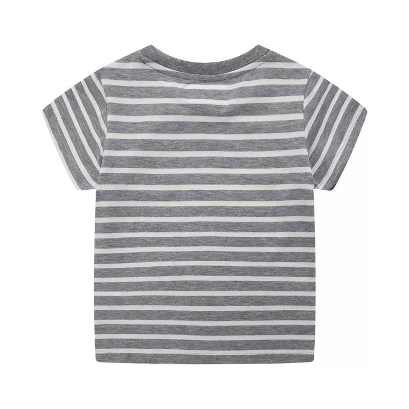 Exciting Excavator Striped Cotton T-Shirt for Kids - Premium Comfort, Vibrant Design - Dark Gray-2T- - PBNJ FASHIONS