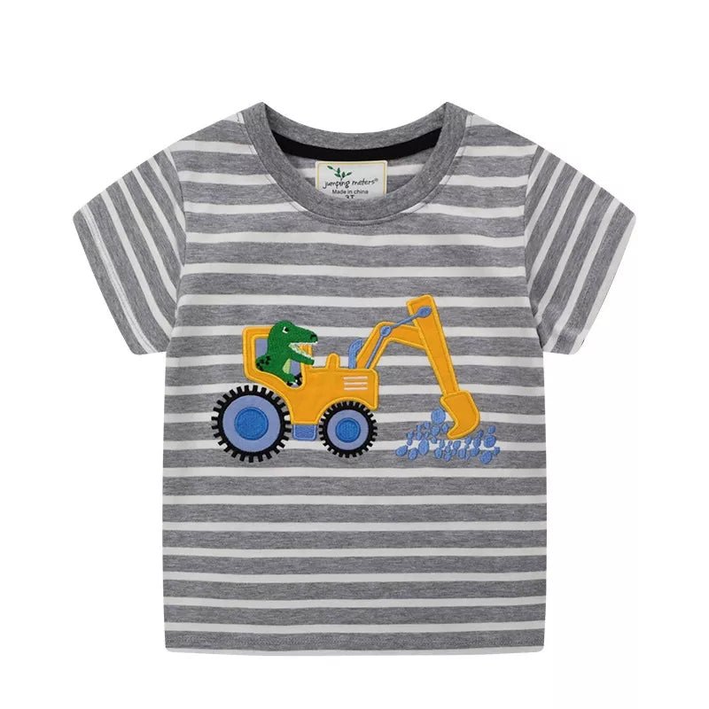 Exciting Excavator Striped Cotton T-Shirt for Kids - Premium Comfort, Vibrant Design - Dark Gray-2T- - PBNJ FASHIONS