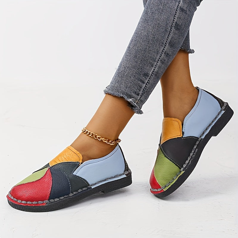 [Fashion Loafers] Soft Colorblock Women's Flat Loafers | Fashion Round Toe Slip On Faux Leather Shoes, Casual Walking Anti-skid Shoes
