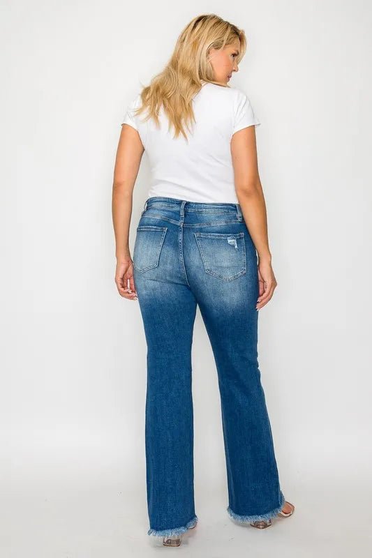 bytos Full Size Raw Hem Distressed High Rise Bootcut Jeans - PBNJ FASHIONS
