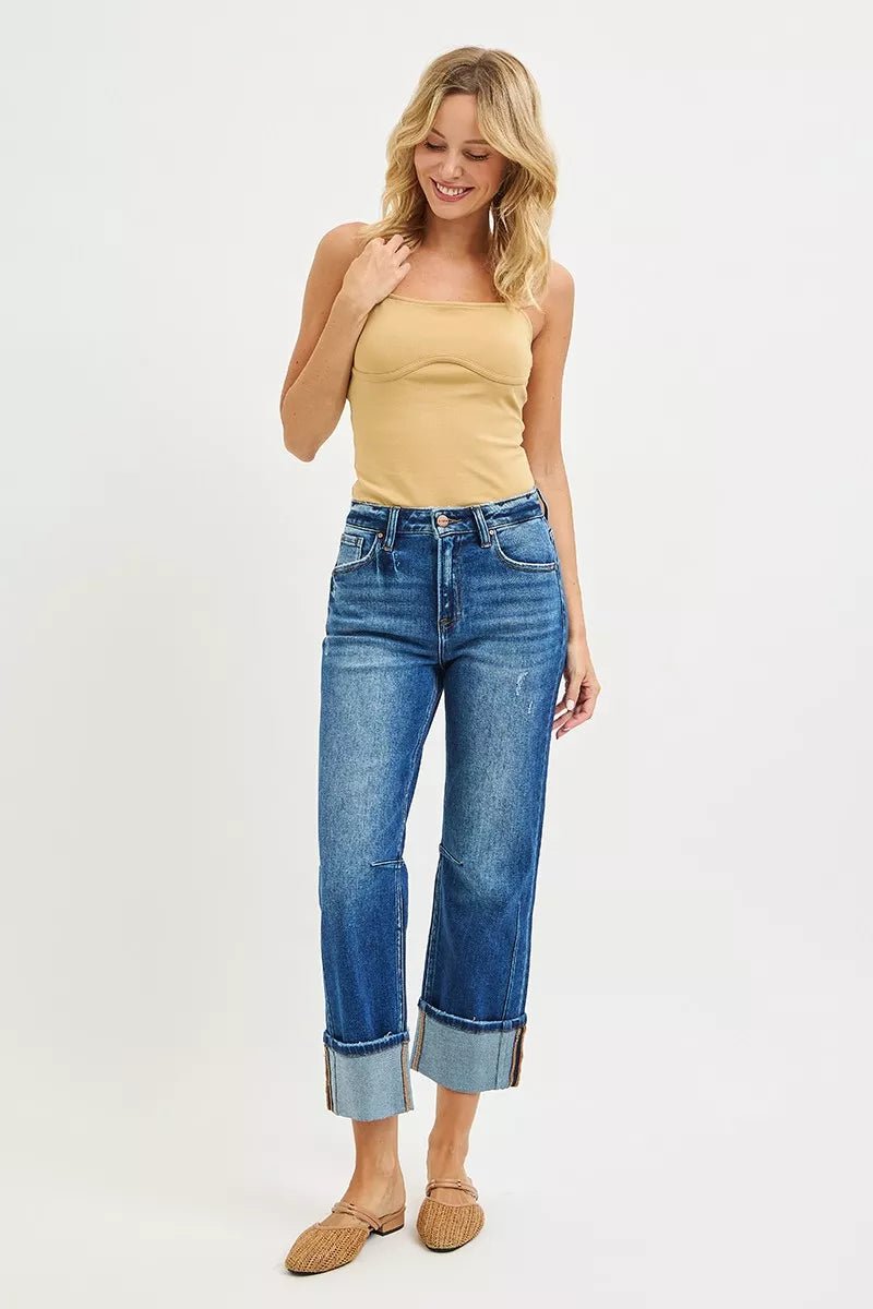 RISEN High Rise Straight Jeans with Distressed Hem - PBNJ FASHIONS