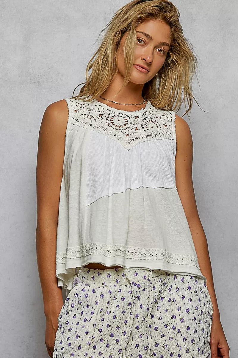 POL Round Neck Sleeveless Top with Crochet Contrast - PBNJ FASHIONS