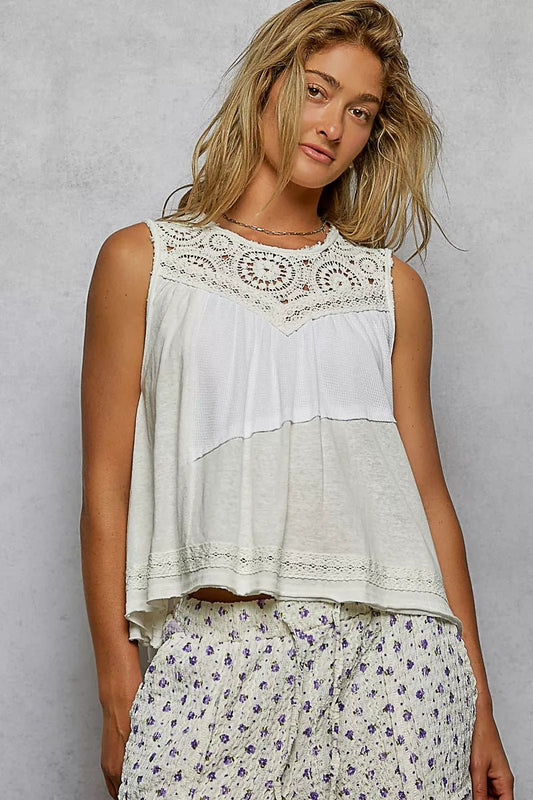 POL Round Neck Sleeveless Top with Crochet Contrast - PBNJ FASHIONS