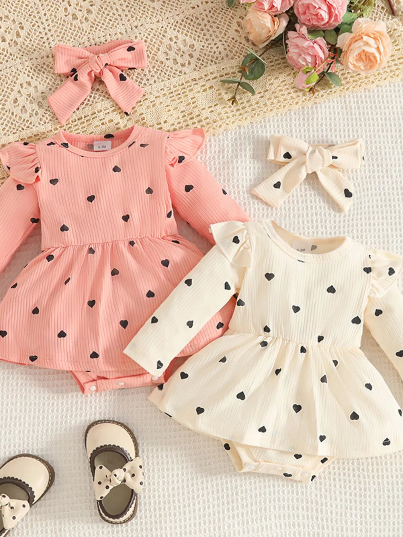 Children's Heart Print Ruffle Trim Bodysuit Dress with Headband - PBNJ FASHIONS