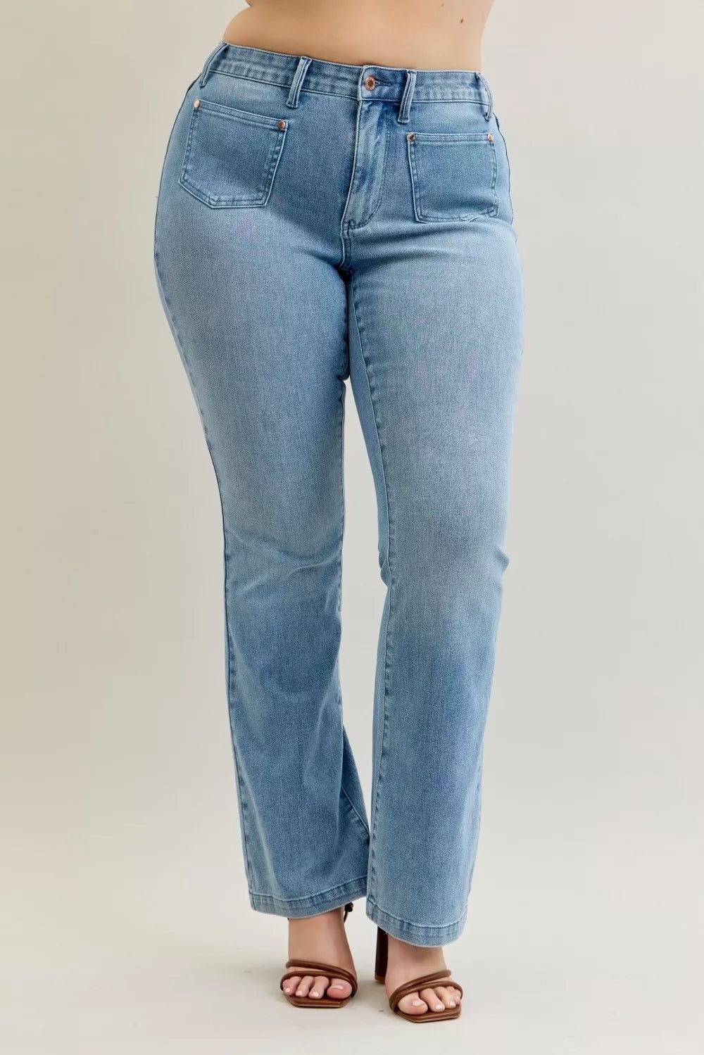 Judy Blue Full Size Mid Rise Bootcut Jeans with Contrast Wash & Front Patch Pockets Plus Size - PBNJ FASHIONS