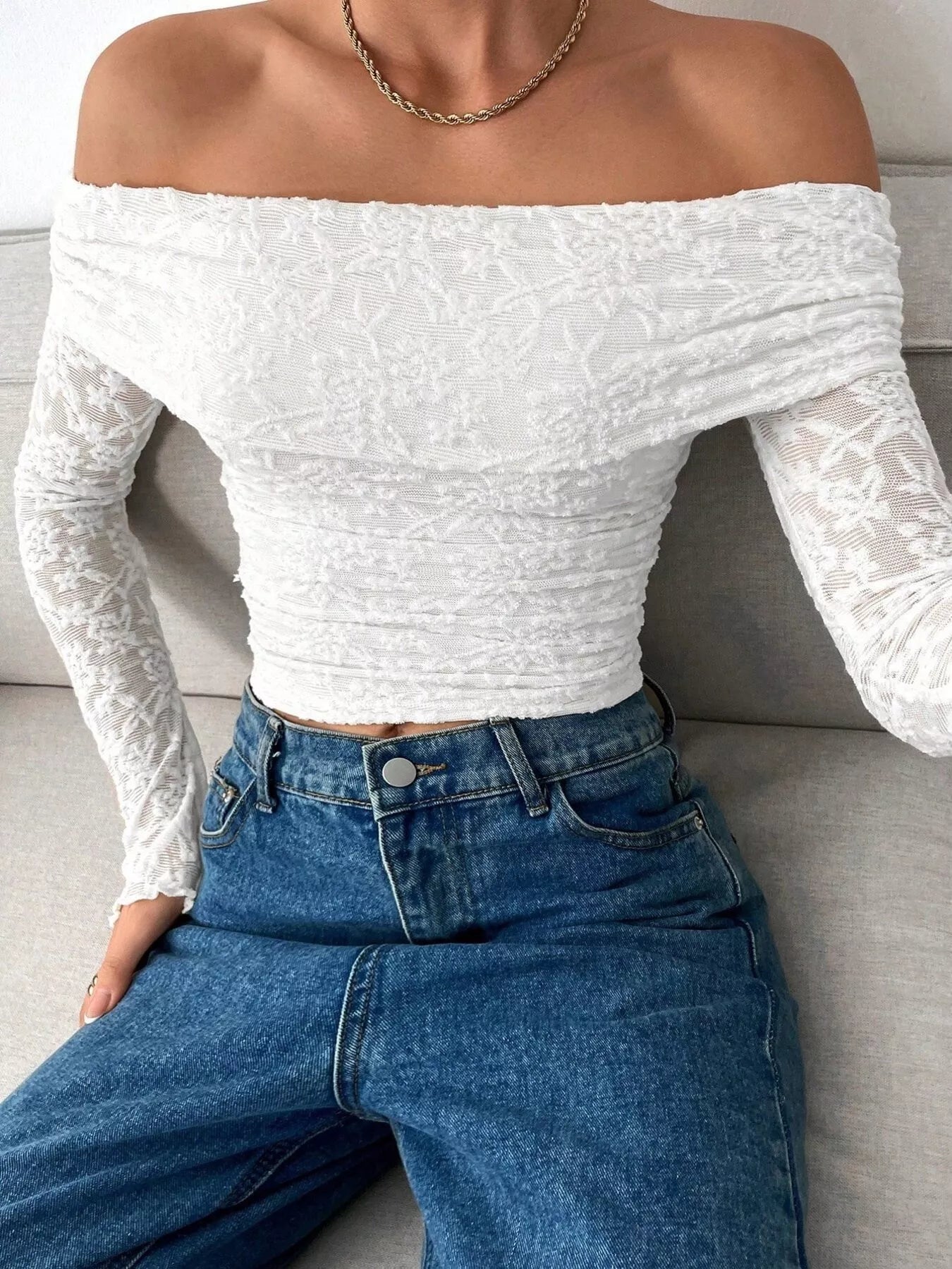 Lace Off - Shoulder Long Sleeve Top - PBNJ FASHIONS
