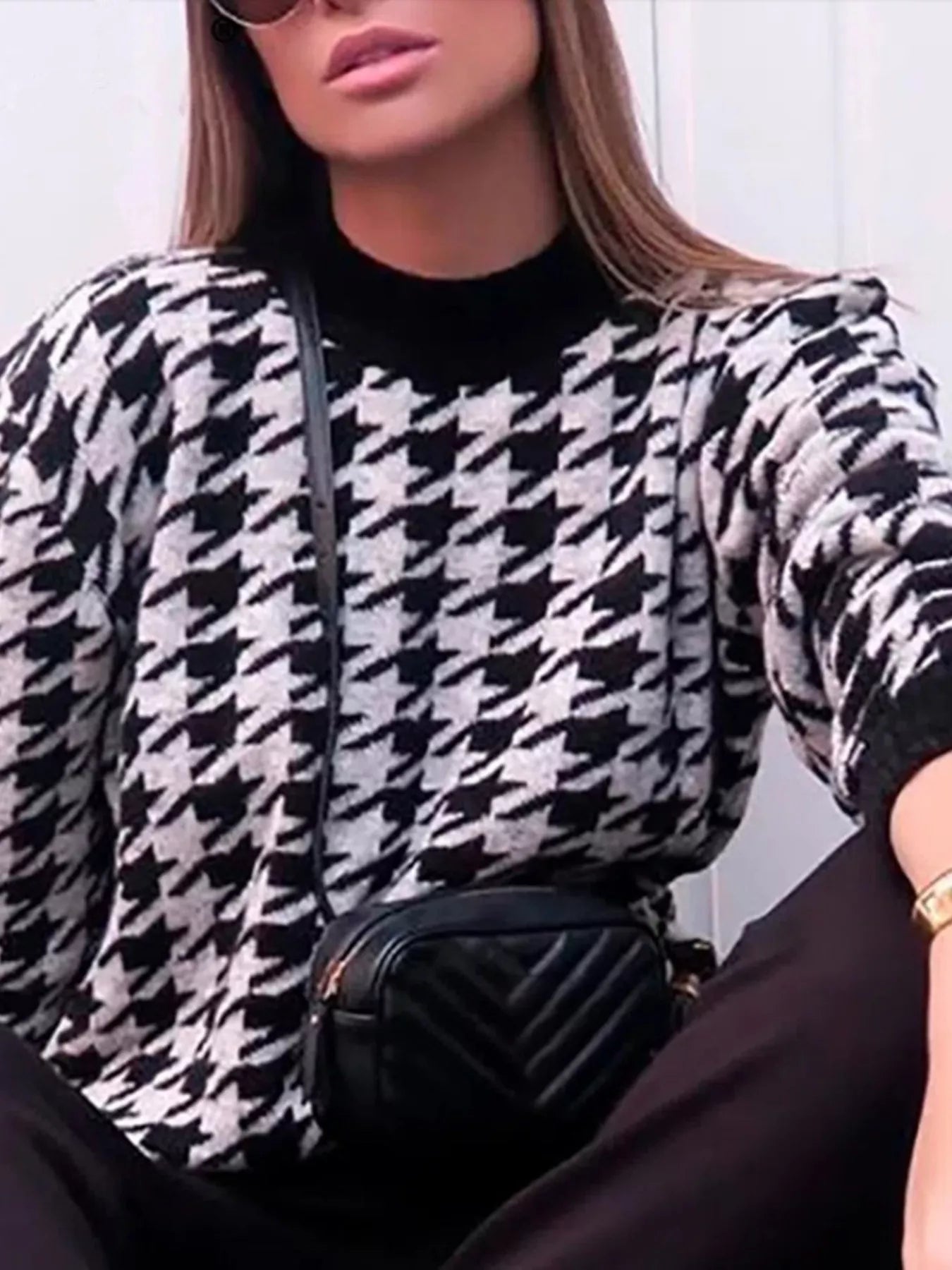 Full Size Houndstooth Pattern Oversized Sweater Plus Size - PBNJ FASHIONS