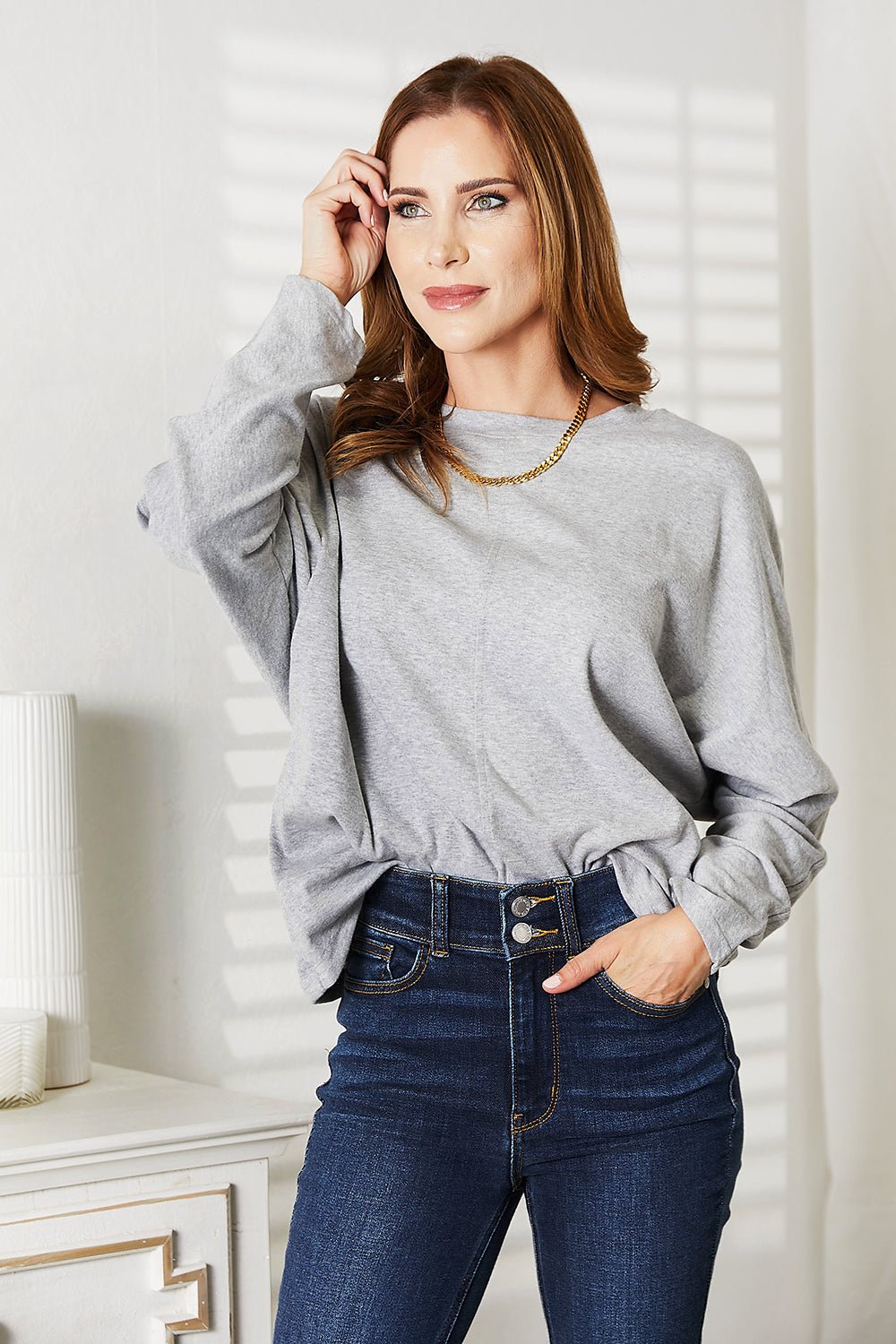 Double Take Seam Detail Round Neck Long Sleeve Top - PBNJ FASHIONS