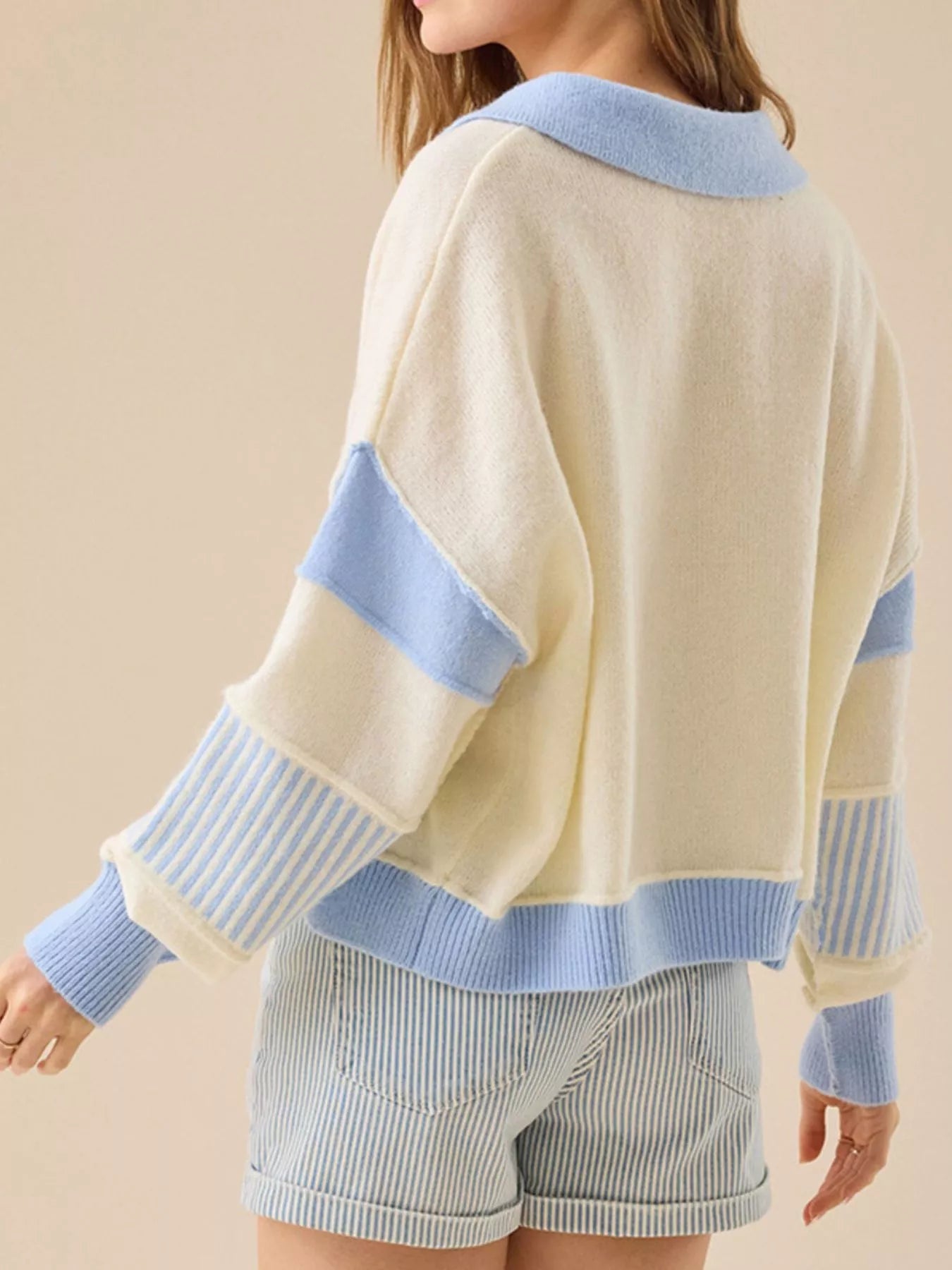 Pastel Blue and Light Yellow Color Block Dropped Shoulder Sweater - Cream-S- - PBNJ FASHIONS